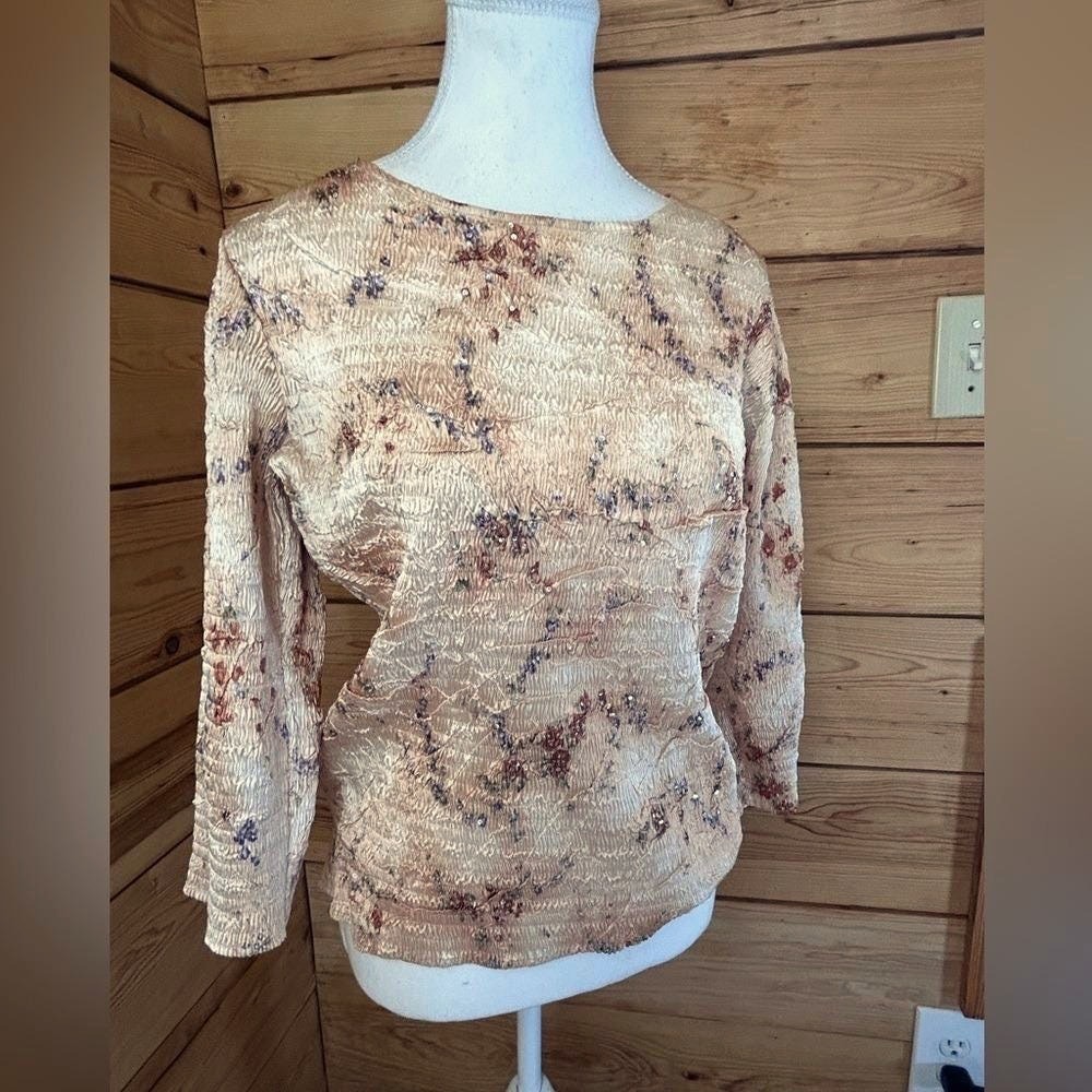 Vintage Peach Abstract Floral Crinkle Popcorn Blouse Womens Large